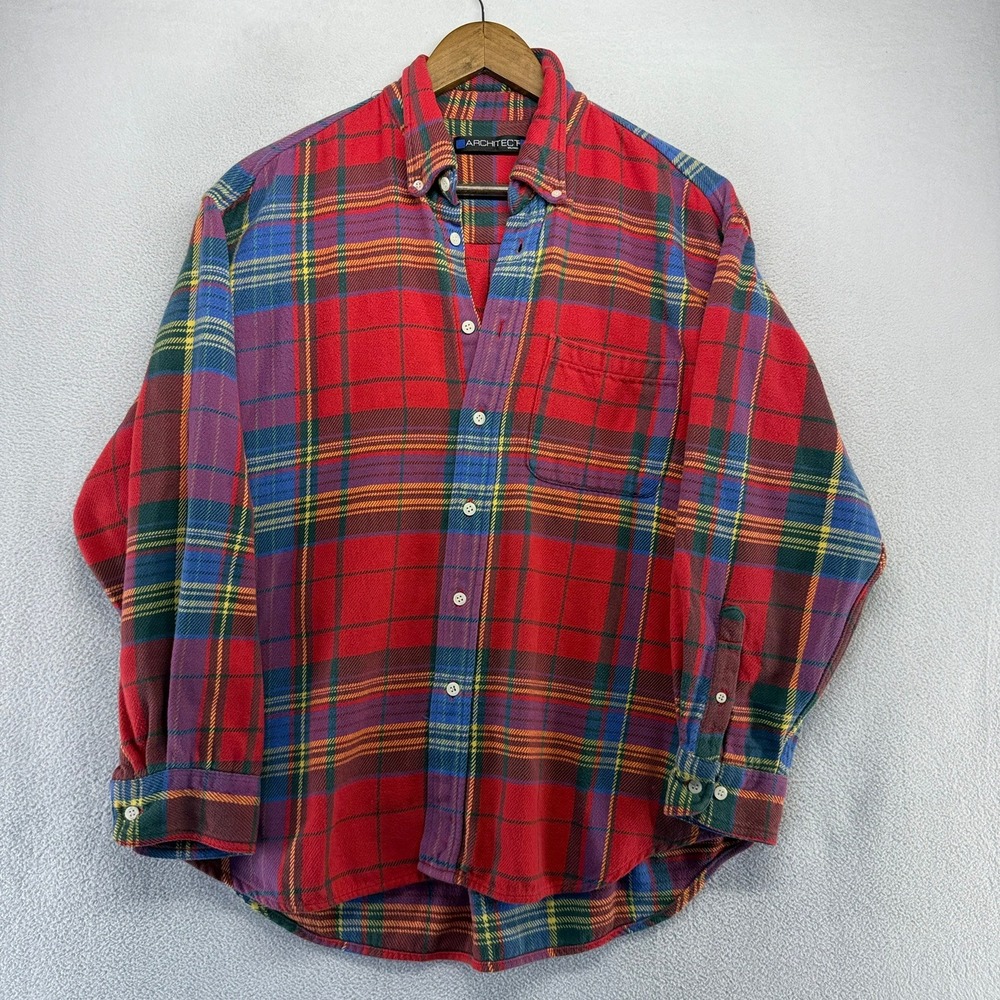 Vintage Architect Flannel Shirt Mens XL Red Plaid Button Down Long Sleeve Thick
